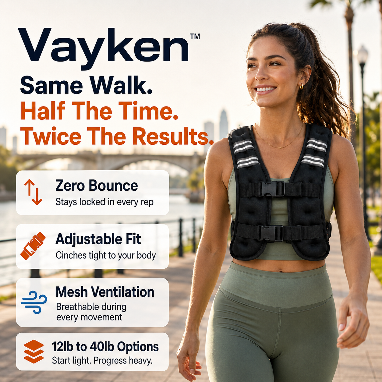 Woman walking in the Vayken weighted vest by the river